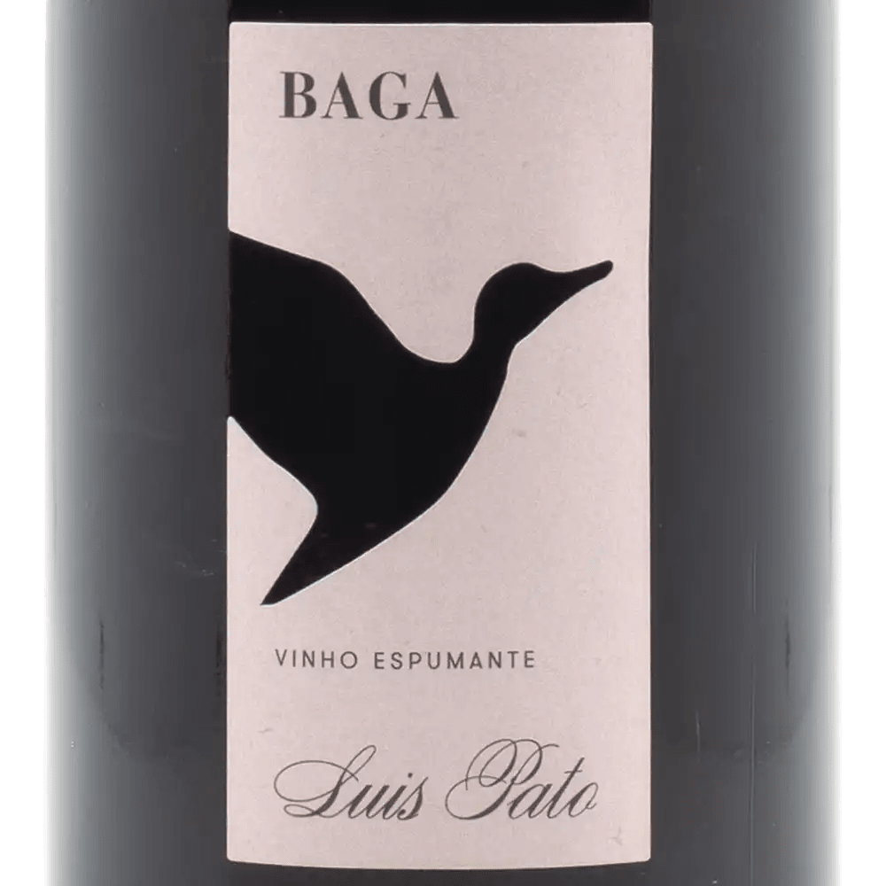 Wine bottle labeled 'Baga Vinho Espumante Luis Pato' with a duck silhouette on a white background