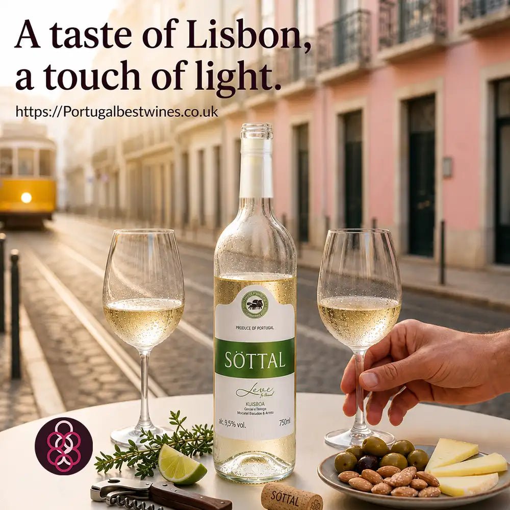 A bottle of Sotta white wine is displayed on a table with two filled wine glasses, olives, cheese, and a corkscrew in a street setting. Text at the top reads 'A taste of Lisbon, a touch of light.