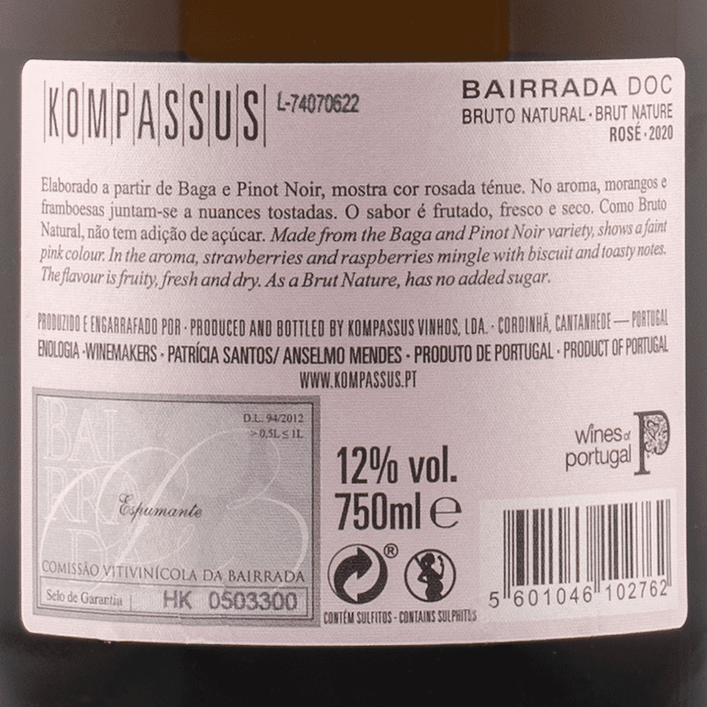 Kompassus Rosé Brut Bairrada Baga Bottle Back Label