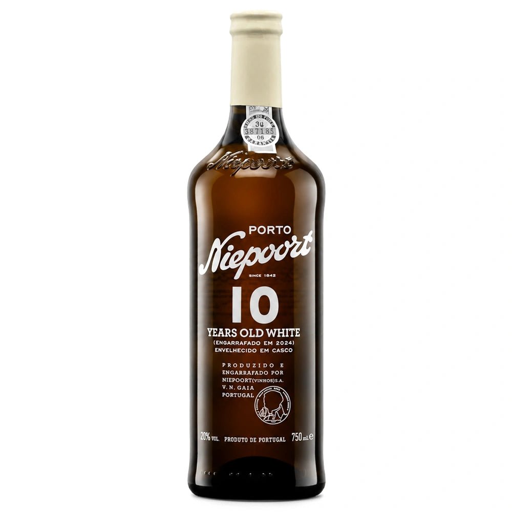 A bottle of Porto Niepoort 10 Years Old White wine on a plain white background.