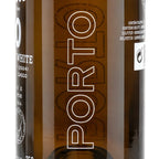 niepoort-white-port-Close-up of a dark brown glass wine bottle with large white outlined vertical text reading PORTO on a white background.