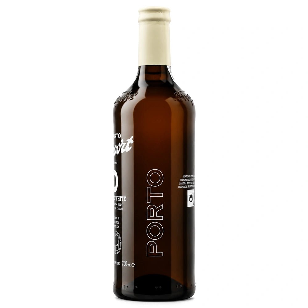 A single bottle of Niepoort white Porto white wine in an amber glass bottle with a cream-colored capsule, shown against a plain white background.