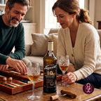 A man and a woman sit at a wooden table in a warmly lit living room, each holding a crystal wine glass with amber liquid, while a bottle of Porto Niepoort 10 Years Old White wine stands in the center. A wooden backgamet set and a cork are also on the table.
