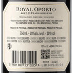 Close-up of a wine label reading Royal Oporto Aged 10 Years Matured in Wood, with Portuguese text, a barcode, QR code, and bottle info on a dark background.