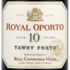 A close-up of a wine label for Royal Oporto Tawny Porto, aged 10 years. The label is cream-colored with elegant red and gold typography, featuring the Royal Oporto crest at the top and the Real Companhia Velha seal on the bottom right.