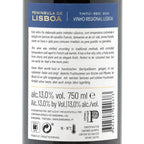The back of a wine bottle label for 'Península de Lisboa' Tinto-Red 2021, showing Portuguese and English product information, barcode, and storage instructions on a white background.
