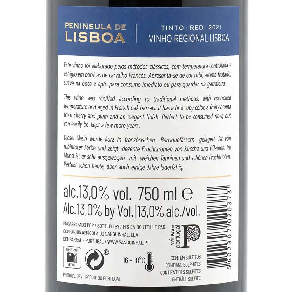 The back of a wine bottle label for 'Península de Lisboa' Tinto-Red 2021, showing Portuguese and English product information, barcode, and storage instructions on a white background.