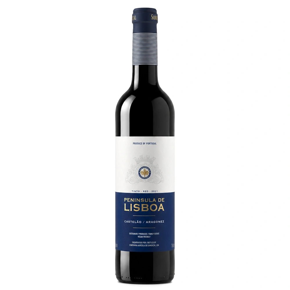A bottle of Peninsula de Lisboa red wine, featuring a dark glass bottle with a white and navy blue label and a dark blue foil capsule.