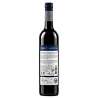 A bottle of Lisboa red wine shown from the back, featuring a dark glass body, a navy blue neck band, and a white label with blue and black text and barcodes.