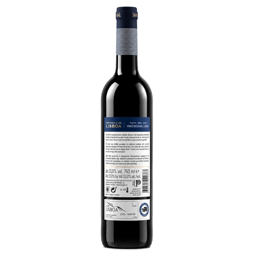A bottle of Lisboa red wine shown from the back, featuring a dark glass body, a navy blue neck band, and a white label with blue and black text and barcodes.