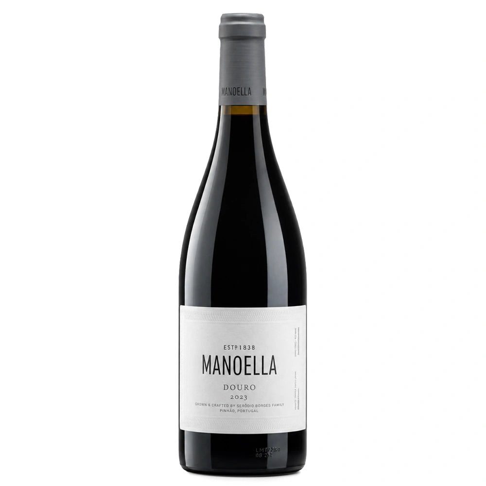 A bottle of Manoella Douro red wine with a white label and gray foil, photographed against a solid white background.