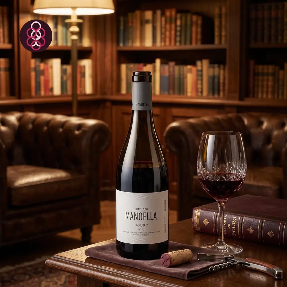 A bottle of Manoella Douro red wine stands on a wooden table in a cozy library setting, alongside a filled wine glass, a cork, and a corkscrew. The background features warm leather armchairs and wooden bookshelves.