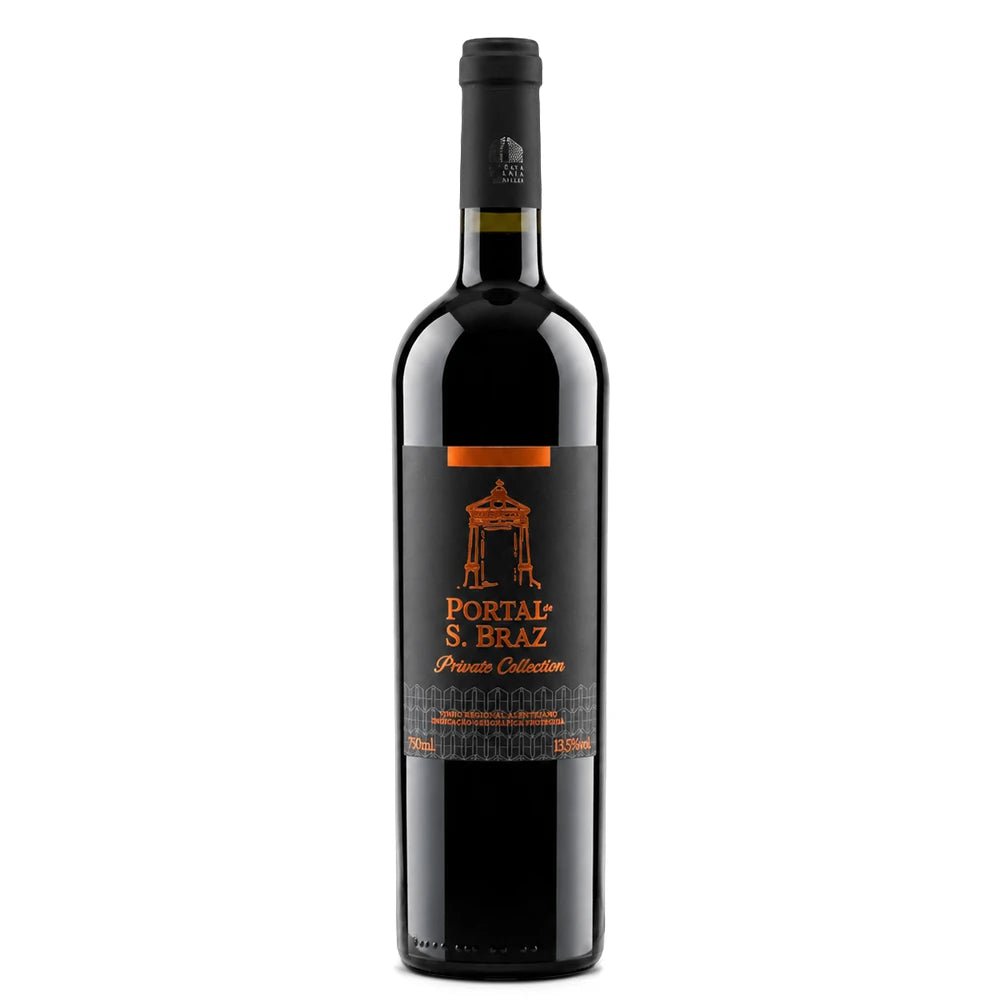 A bottle of Portal S. Braz Private Collection red wine, featuring a black label with orange text and logo, set against a plain white background.