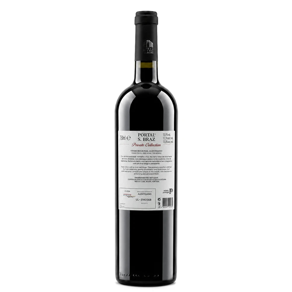 A bottle of A bottle of Portal S. Braz Private Collection red wine, with a black label and white text, photographed against a plain white background.