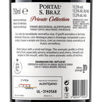 The back of a wine bottle label for 'Portal de S. Braz Private Collection' showing product details, ingredients, descriptions, and a barcode on a white background.