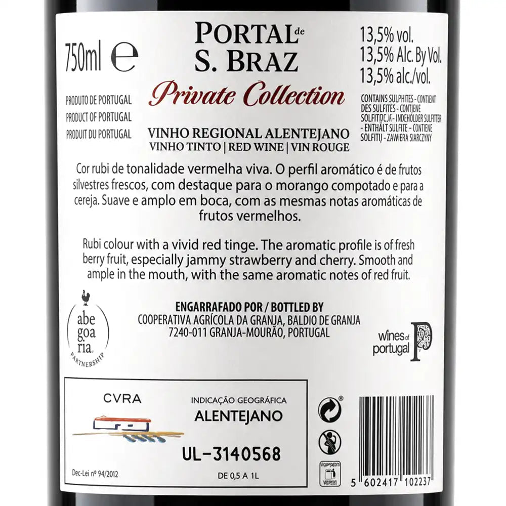 The back of a wine bottle label for 'Portal de S. Braz Private Collection' showing product details, ingredients, descriptions, and a barcode on a white background.