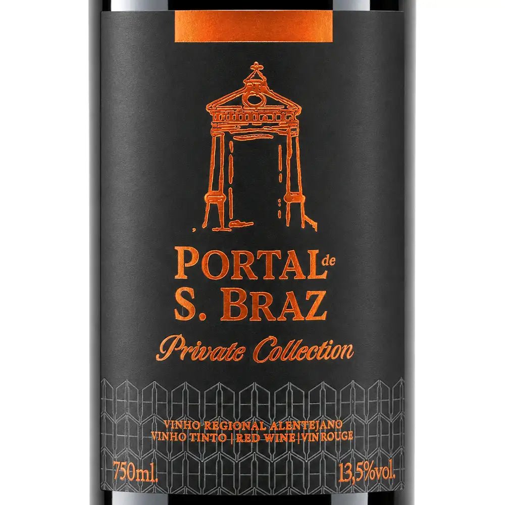 A close-up of a wine bottle label for Portal de S. Braz Private Collection, featuring a black background with orange text and illustration of a chapel on a cross.