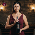 A woman in a burgundy dress holds a bottle of A bottle of Portal S. Braz Private Collection red wine,  against a warm, blurred wine cellar background.