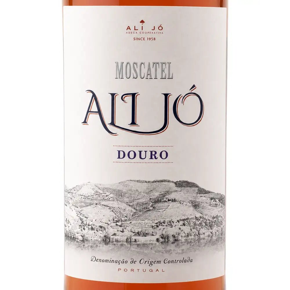 A bottle of Alijó Moscatel Douro wine showing the front label. The label is off-white with elegant black and red typography, featuring a black-and-white scenic landscape illustration of the Douro valley.