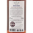 Close-up of the front label of a bottle of Alijo Douro Moscatel fortified wine, showing Portuguese text, volume 750ml, and brand details.