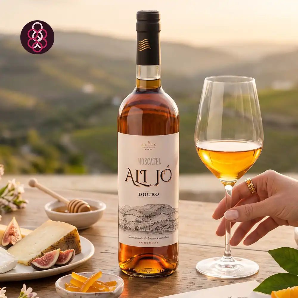 A bottle of Alijo Douro Moscatel wine is centered on a wooden table, with a glass of the golden wine beside it and a hand holding the glass. Cheese, figs, orange slices, and a honey dipper are arranged around the table, with a blurred vineyard landscape in the background.