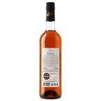 A bottle of Alijo Douro Moscatel wine with a black cap and a white label showing the back side, set against a plain white background.