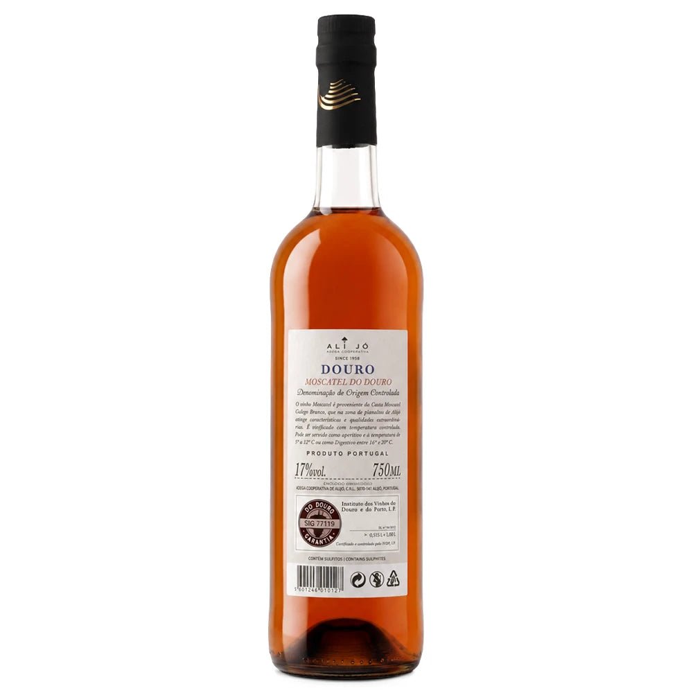 A bottle of Alijo Douro Moscatel wine with a black cap and a white label showing the back side, set against a plain white background.