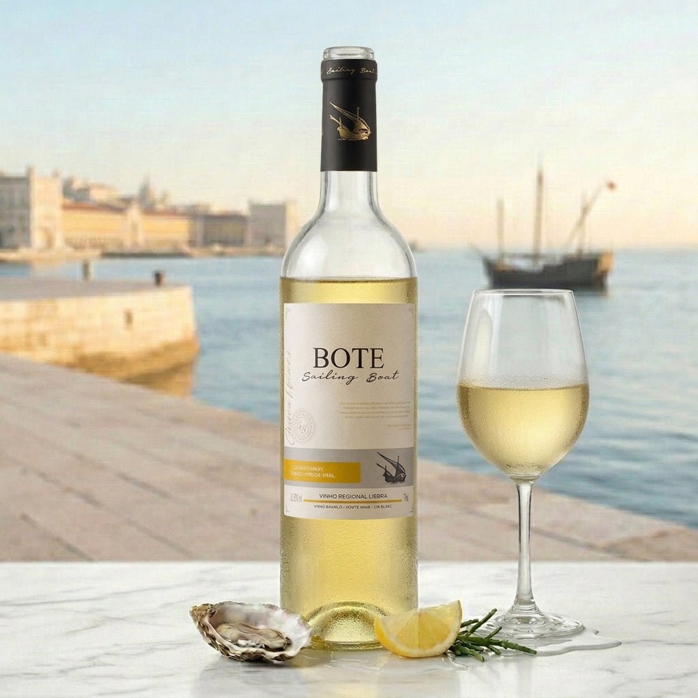 Bottle of Bote white wine with a glass on a table by the sea with a cityscape in the background - Portugal Best Wines