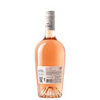 A bottle of Casal Mendes Rosé Wine shown from the back, featuring a pale pink liquid, a white paper label with black and red text, and a white screw cap, set against a plain white background.