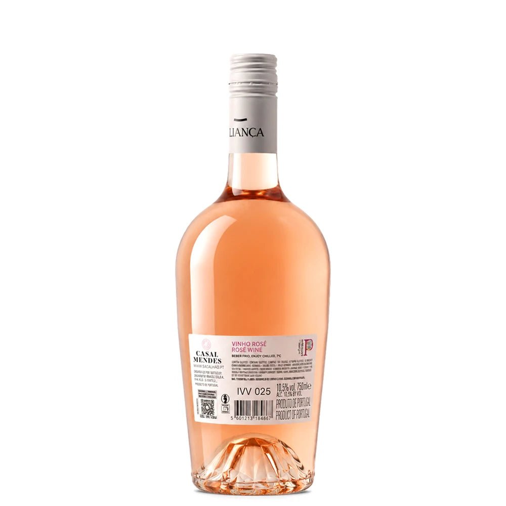 A bottle of Casal Mendes Rosé Wine shown from the back, featuring a pale pink liquid, a white paper label with black and red text, and a white screw cap, set against a plain white background.