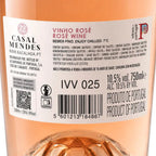 Close-up of a wine bottle label for Casal Mendes Rosé Wine, showing the Portuguese text, barcode, QR code, and peach-colored liquid inside the bottle.