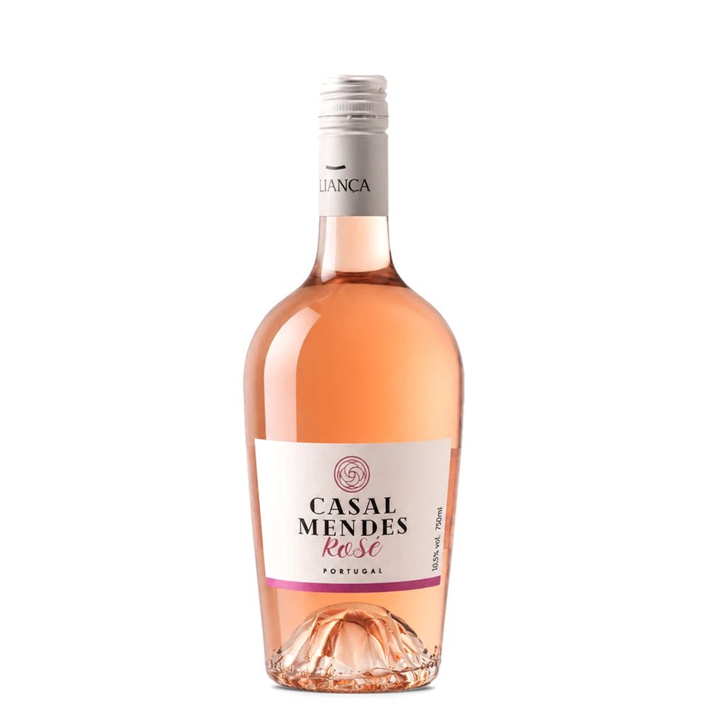 A bottle of Casal Mendes Rose wine with a white label and silver cap, showing the pinkish-rose liquid inside, set against a plain white background.