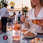 A bottle of Casal Mendes Rosé wine with a gold medal badge overlay, shown on a table in an outdoor patio setting with a woman pouring the rosé into a glass.