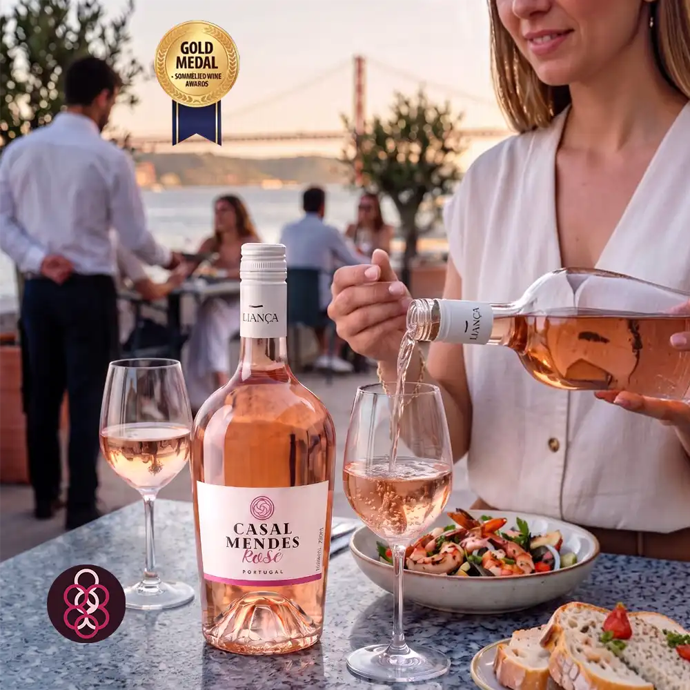 A bottle of Casal Mendes Rosé wine with a gold medal badge overlay, shown on a table in an outdoor patio setting with a woman pouring the rosé into a glass.