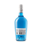 Casal Mendes Blue. A bottle of blue wine, shown from the back, featuring a vibrant blue glass body, a white paper label with a barcode, and a white screw cap.