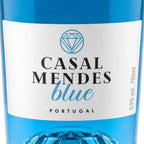 Close-up of a blue bottle label reading 'CASAL MENDES blue PORTUGAL' with a white label and blue text, plus '9,9% vol. 750ml' on the right.