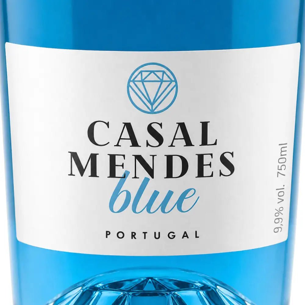 Close-up of a blue bottle label reading 'CASAL MENDES blue PORTUGAL' with a white label and blue text, plus '9,9% vol. 750ml' on the right.