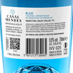Close-up of a blue wine bottle label reading Casal Mendes Blue Cocktail Aromatizado de Produtos Vitivinólicos, with Portuguese text, barcode, QR code, and product details.