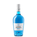 A bottle of Casal Mendes Blue Portuguese wine with vibrant blue liquid, a white label, and a silver screw cap, shown on a plain white background.