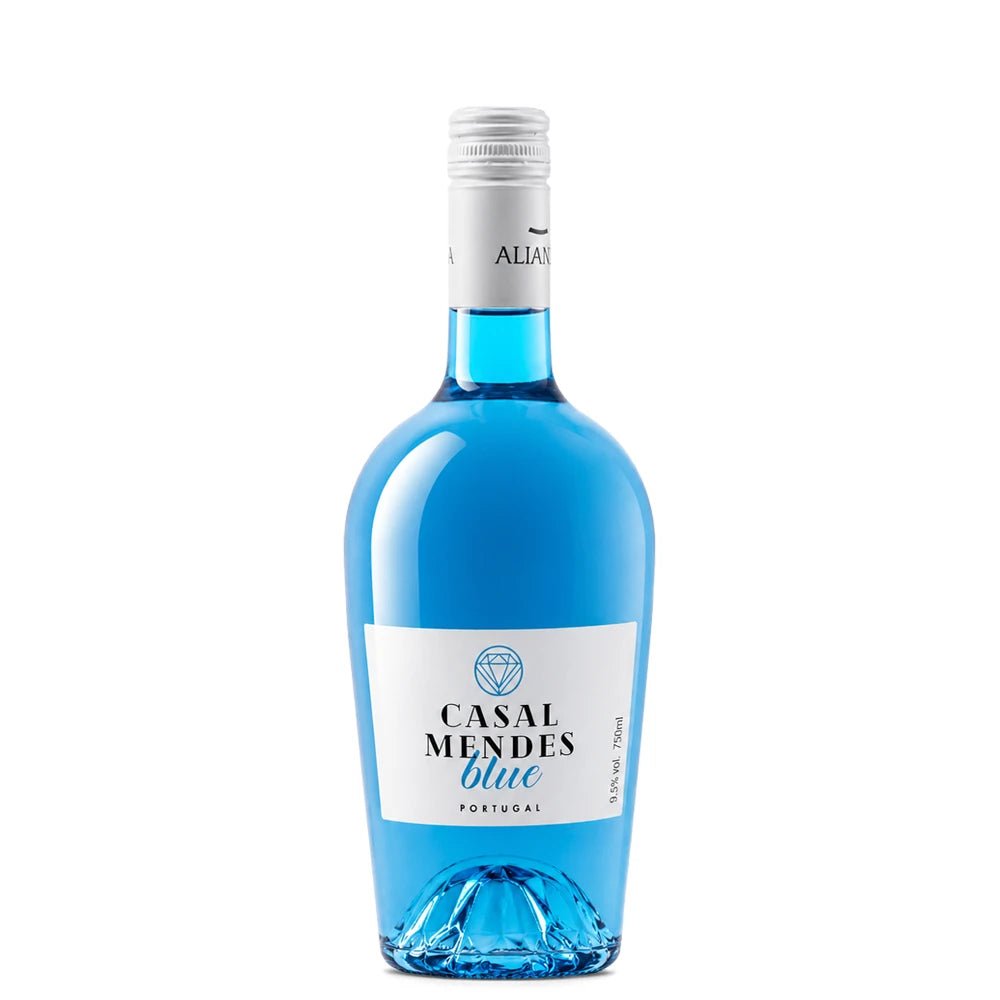 A bottle of Casal Mendes Blue Portuguese wine with vibrant blue liquid, a white label, and a silver screw cap, shown on a plain white background.