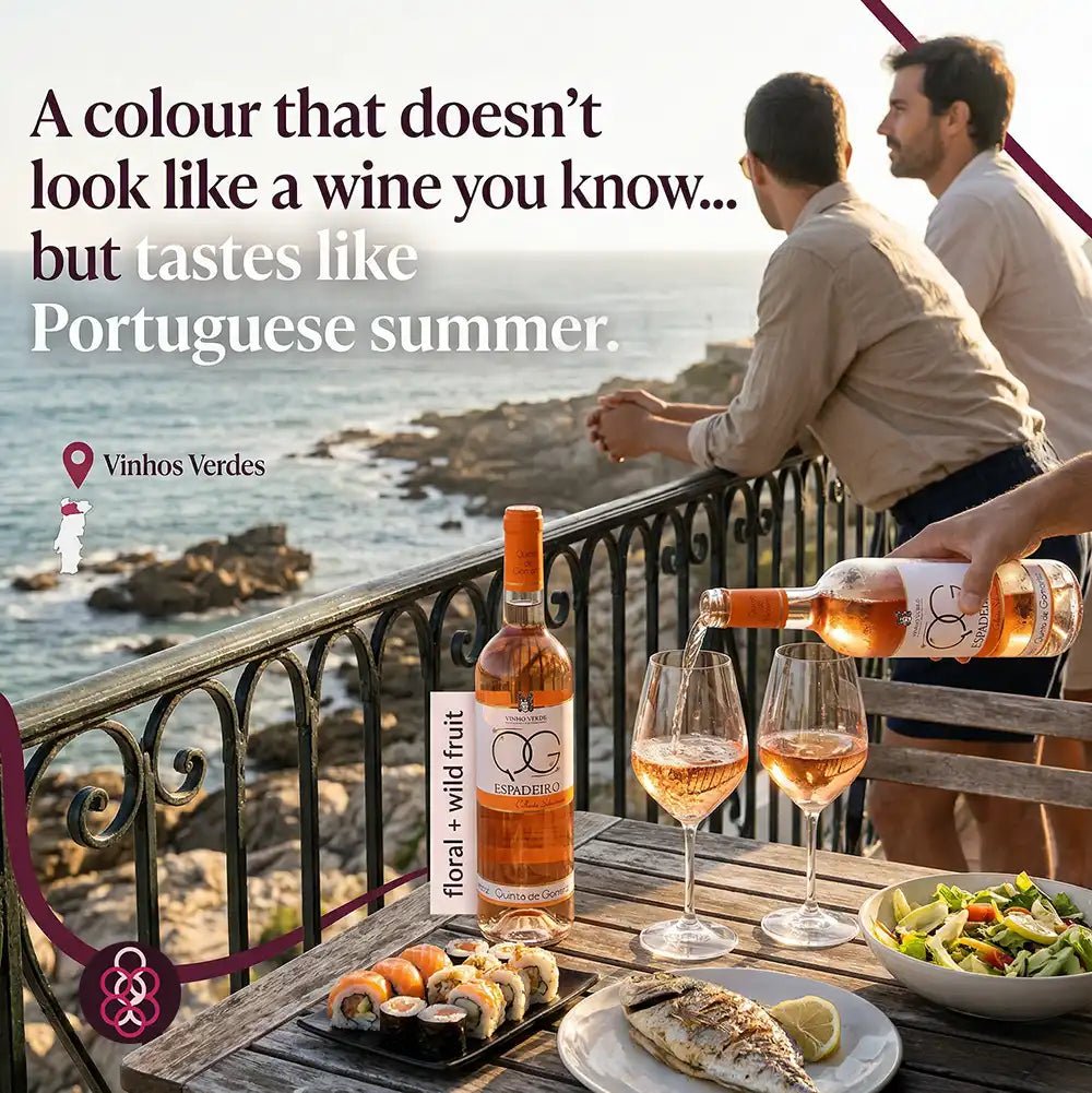 A promotional lifestyle scene on a rocky seaside balcony showing two men looking out at the ocean, with a table in the foreground holding a bottle of rosé wine, two glasses being filled, sushi, grilled fish, and a salad. Large text reads, 'A colour that doesn't look like a wine you know.