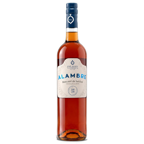 A bottle of Jose Maria de Fonseca Alambre Moscatel de Setúbal, featuring a cream-colored label with blue lettering and a dark blue neck foil, set against a plain white background.