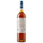 A bottle of Alambre Moscatel de Setúbal shown from the back, featuring a cream-colored label with black text and a dark blue foil seal on a plain white background.