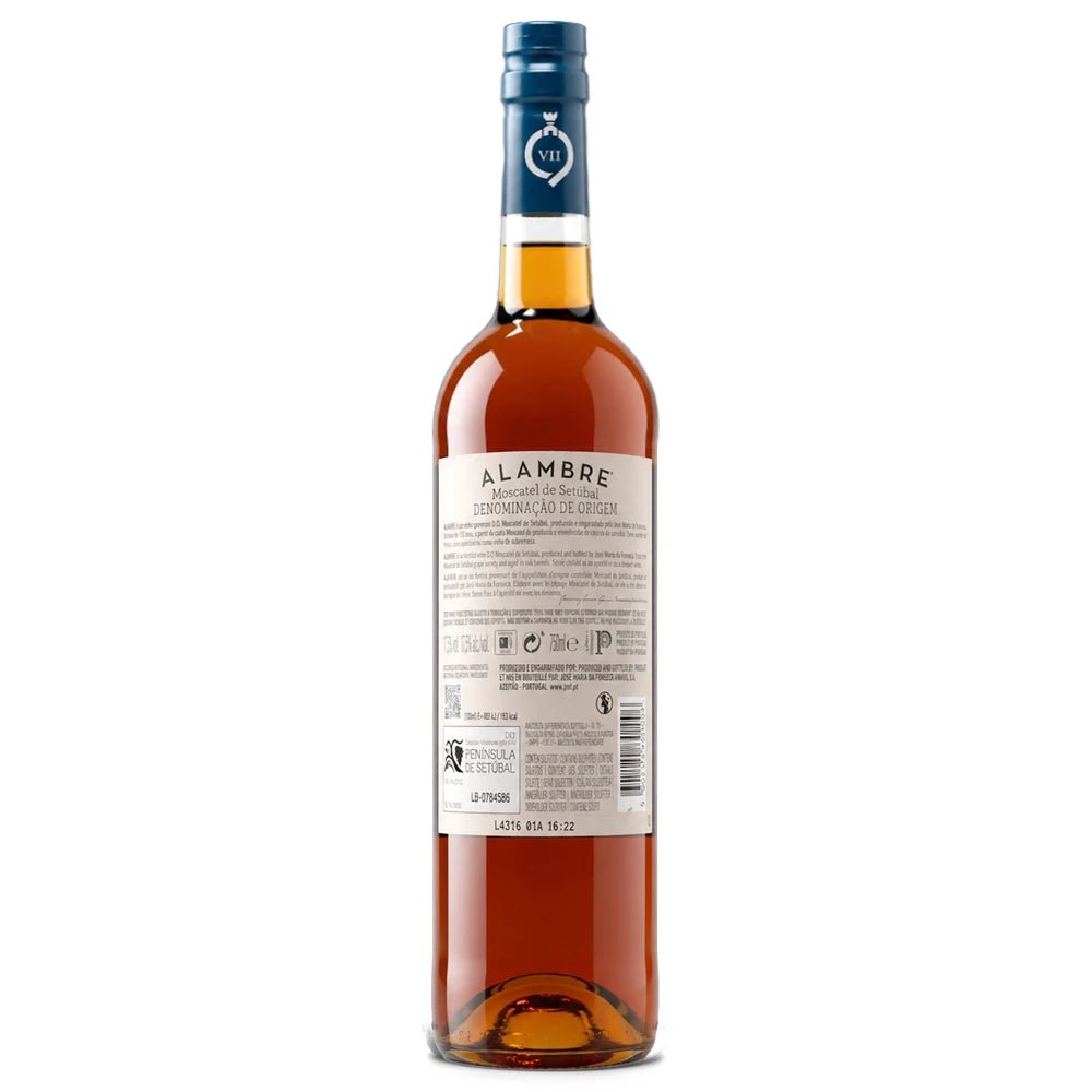 A bottle of Alambre Moscatel de Setúbal shown from the back, featuring a cream-colored label with black text and a dark blue foil seal on a plain white background.