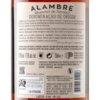 The back label of a bottle of Alambre Denominação de Origem Moscatel de Setubal wine, showing product details, ingredients, allergens, and a barcode on a white background.