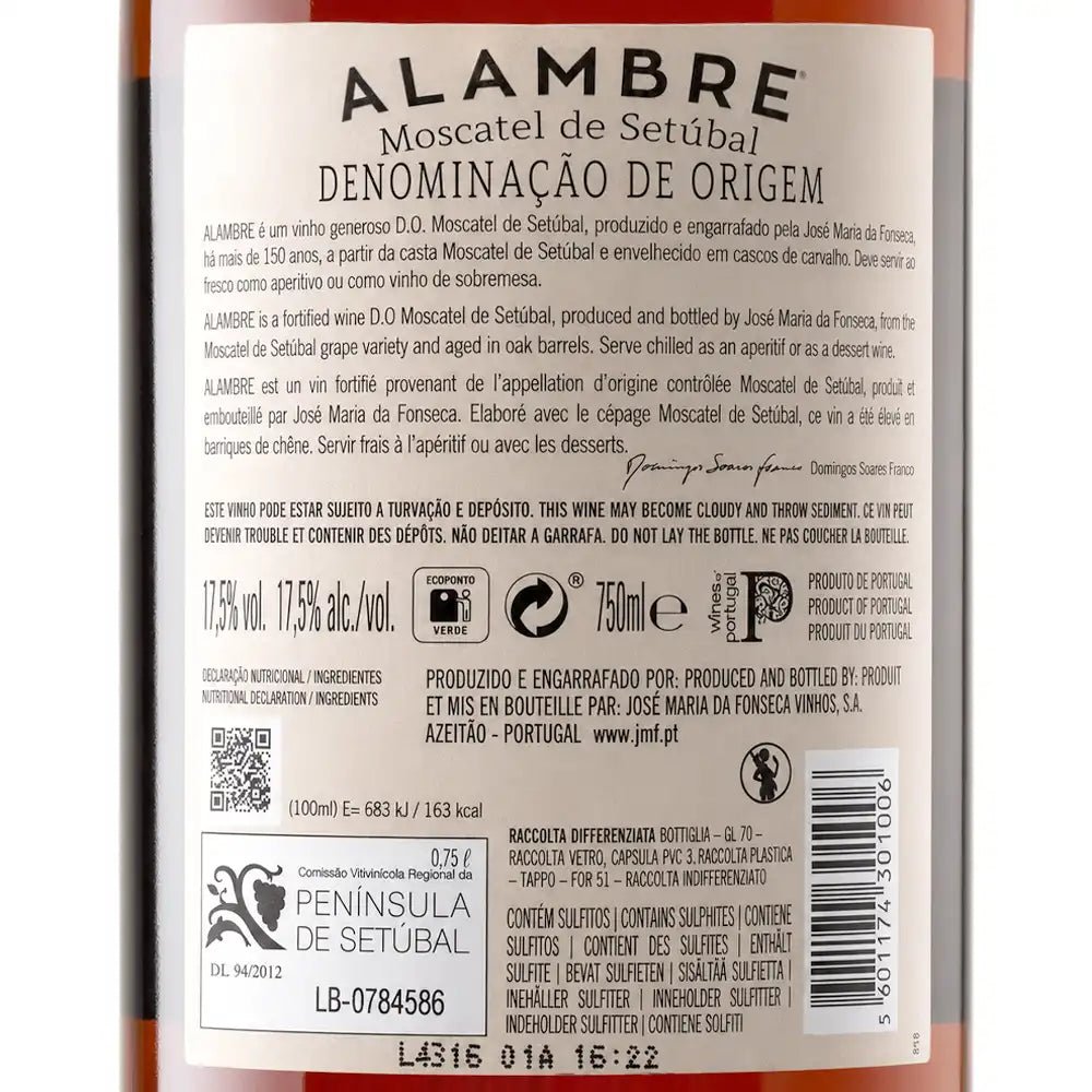 The back label of a bottle of Alambre Denominação de Origem Moscatel de Setubal wine, showing product details, ingredients, allergens, and a barcode on a white background.