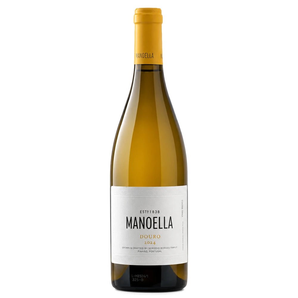 A bottle of Manoella Douro white wine with a white label and a yellow-orange foil capsule, set against a plain white background.
