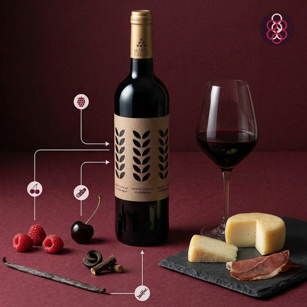 Bottle of red wine with a glass, cheese, and charcuterie on a dark background