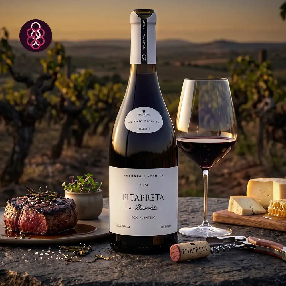 A bottle of Antonio Maçanita FITAPRETA O Iluminista 2024 red wine is displayed on a rustic table outdoors at sunset, alongside a filled wine glass, a cut of raw steak, cheese, and a corkscrew. The background shows a blurred vineyard landscape.