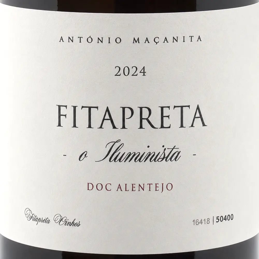 Close-up of a wine label reading ANTÓNIO MAÇANITA, 2024, FITAPRETA o Iluminista, DOC ALENTEJO, on a white label with black and muted red text.